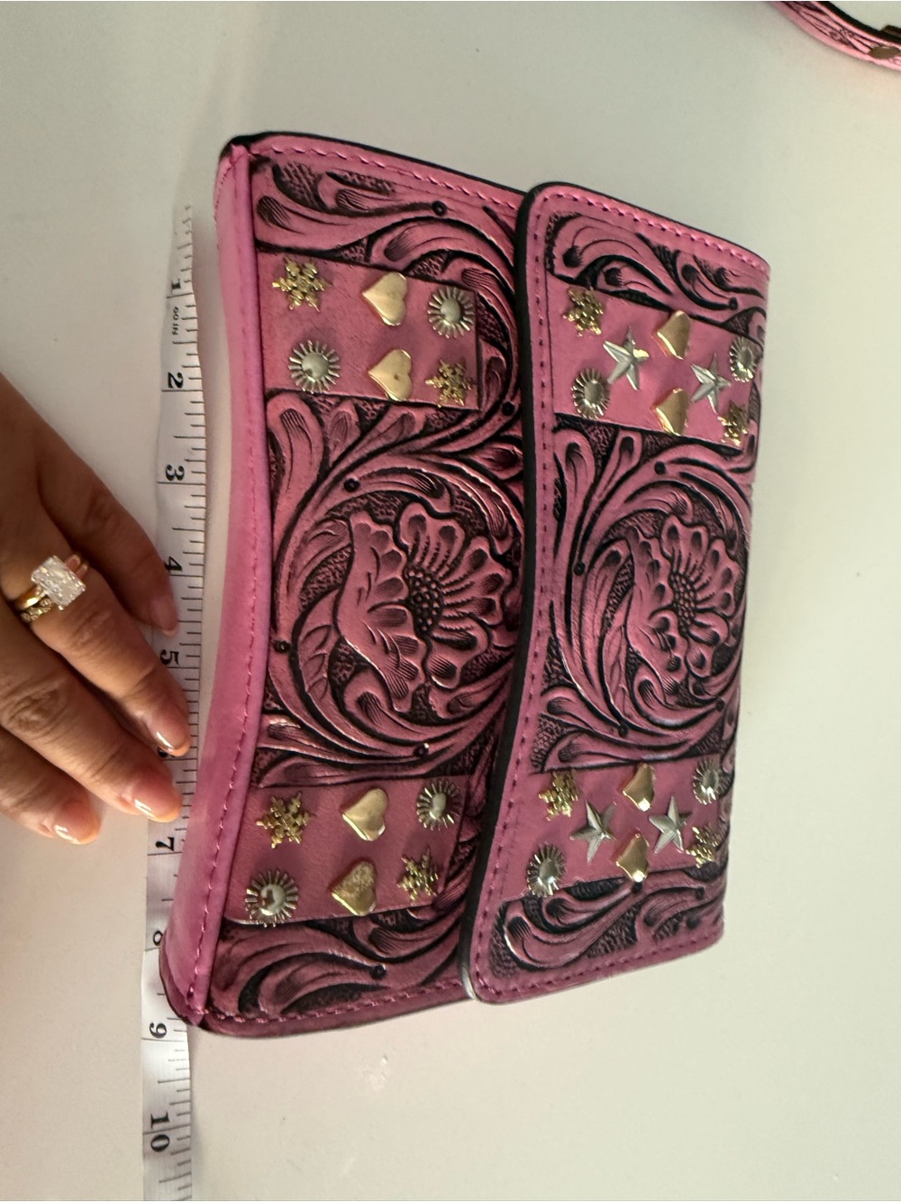 Pink Floral Tooled Leather Crossbody Bag with Stud Accents